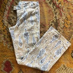 Carole Little Saks Fifth Avenue Boho Trousers Linen Pants Tan Yellow White Blue Pattern Wide Leg Low Waist