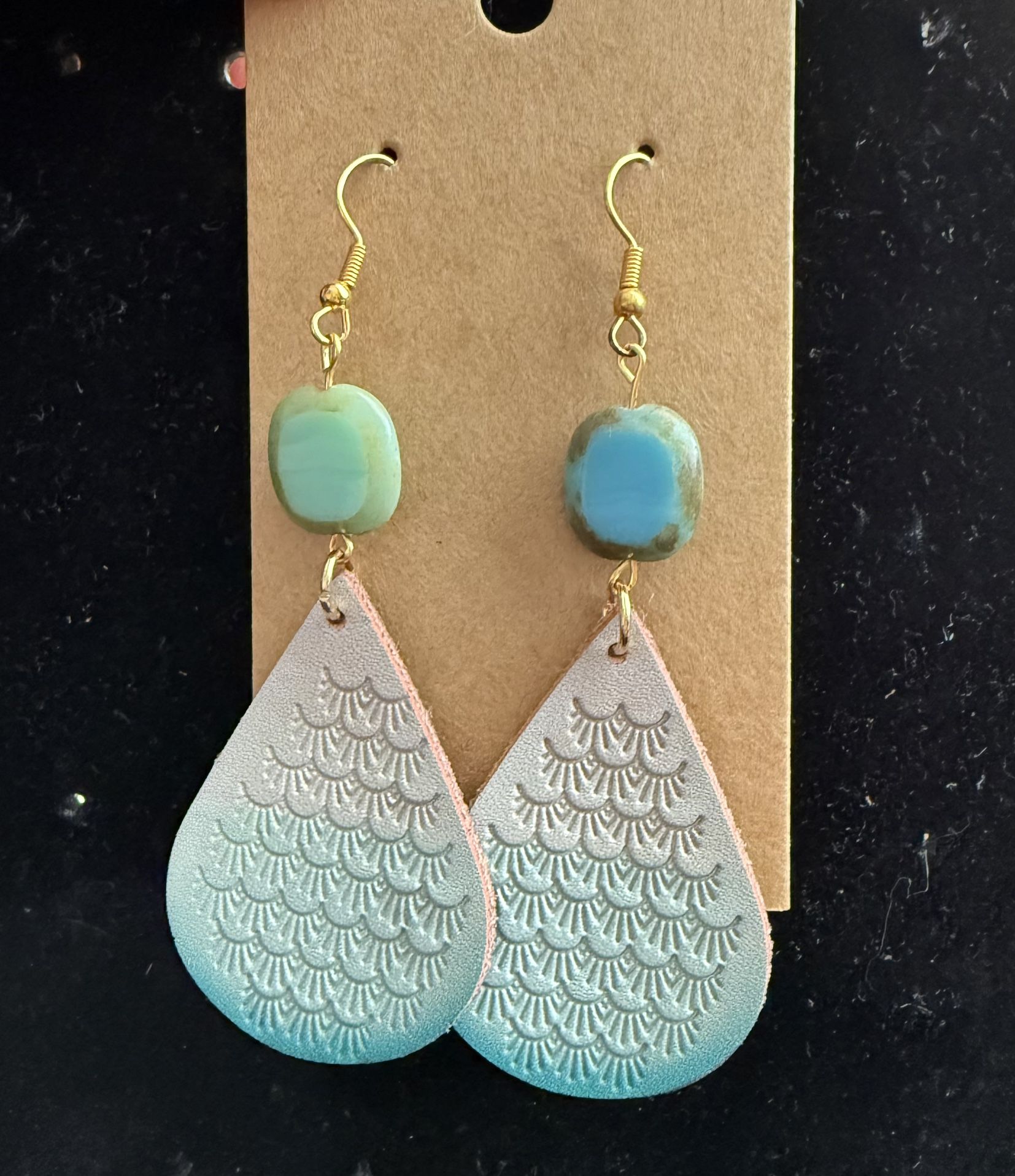 Czech Turquoise And Leather Handmade Earrings