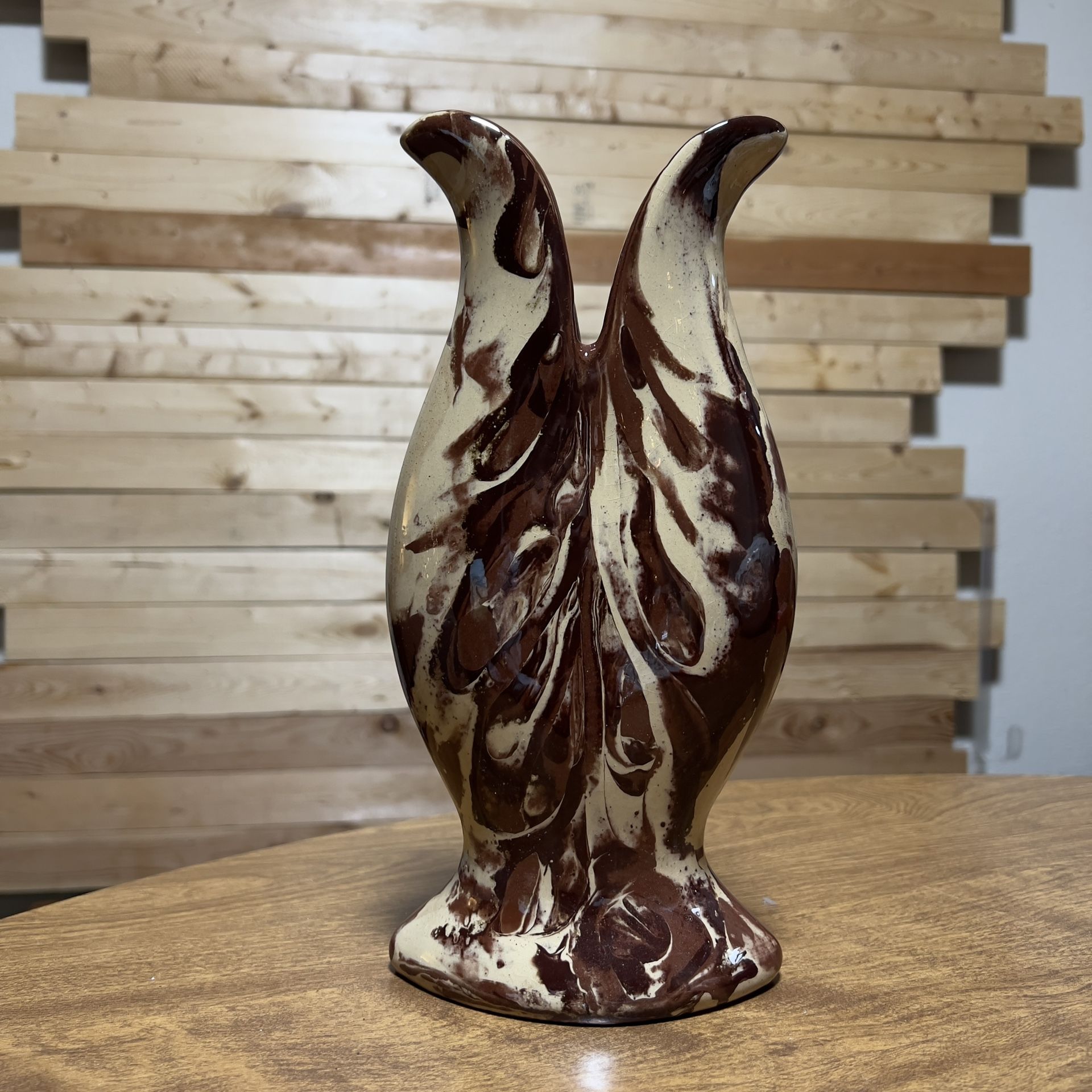 Clay In Calico Pottery Vintage Brown Cream Marbled Swirl Pattern Dip Glaze Vase