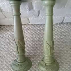 SET OF 18" TALL CARVED WOODEN CANDLE HOLDERS 