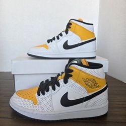Air Jordan 1 Mid  White/Black Univ Gold Sneakers Women's Sz 5.5 NIB