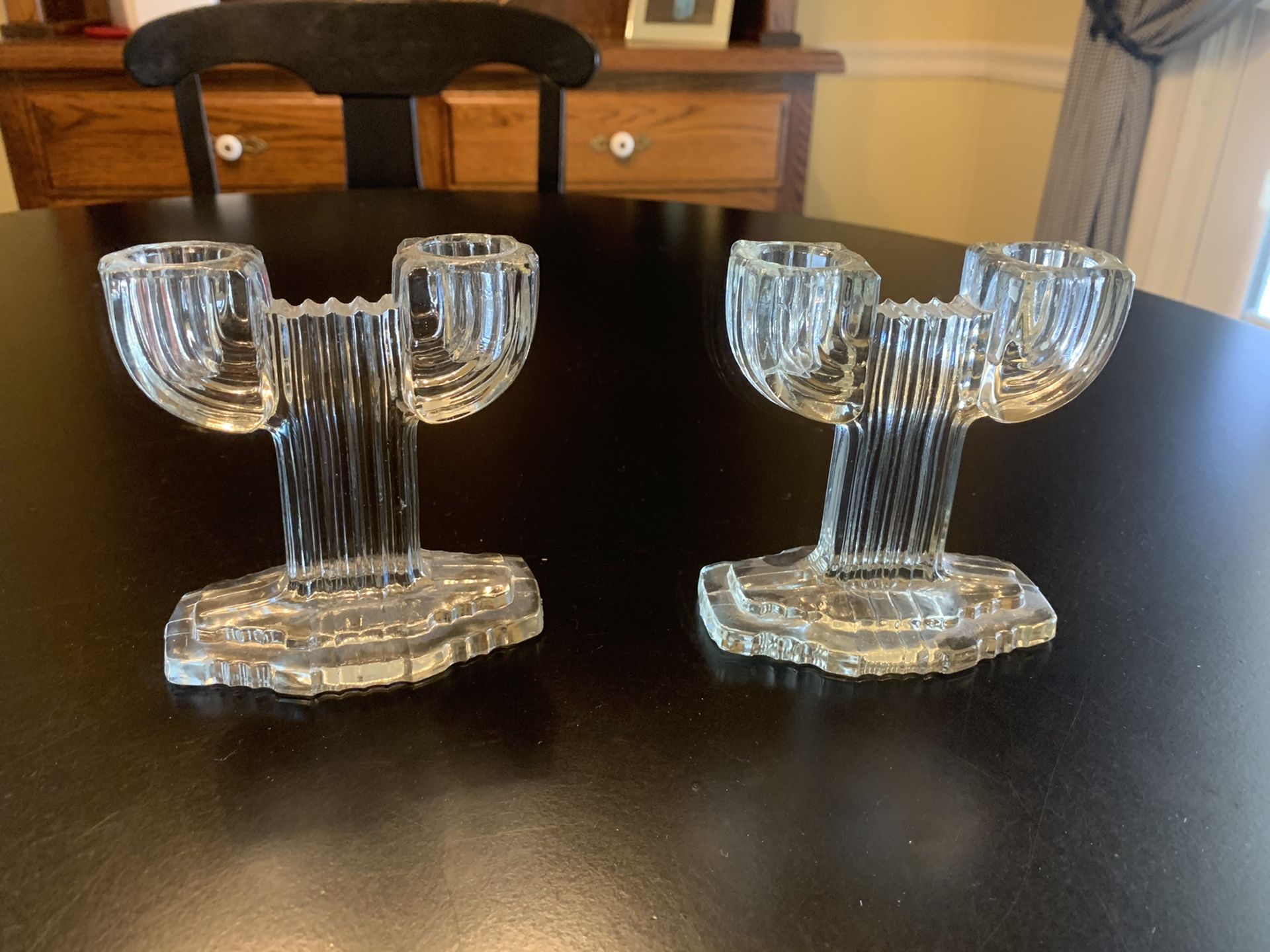 Pair Queen Mary Hocking glass double candle holders