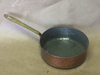 Antique French Small Copper Saucer Cooking Pan Brass Handle