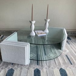 Vintage 1980s post modern sculptural glass coffee table + end table