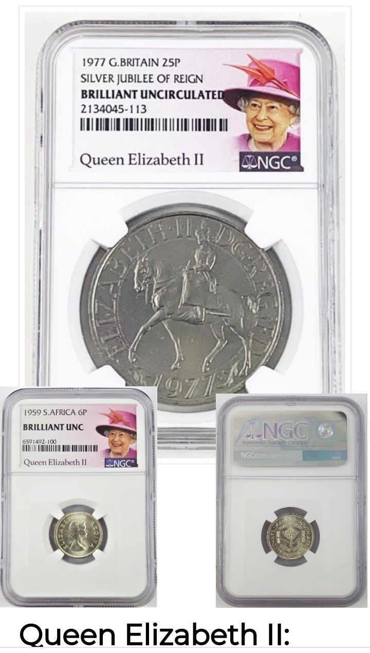 Queen Elizabeth II: 1977 Great Britain 25 P “Silver Jubilee Crown” & S. Africa 6 P