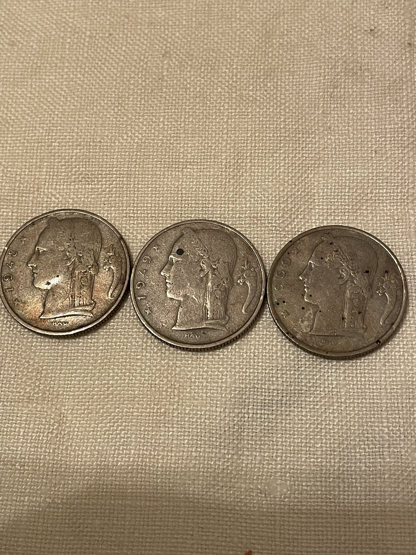 3 BELGIQUE 5 FRANC COINS. 1948,1949 and 1950
