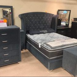Lucinda Upholstered Bedroom Set Queen or King Bed Dresser Nightstand Mirror Chest Options 