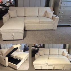 Convertible Beige Sectional (Sleeper) Reversible Storage Chaise