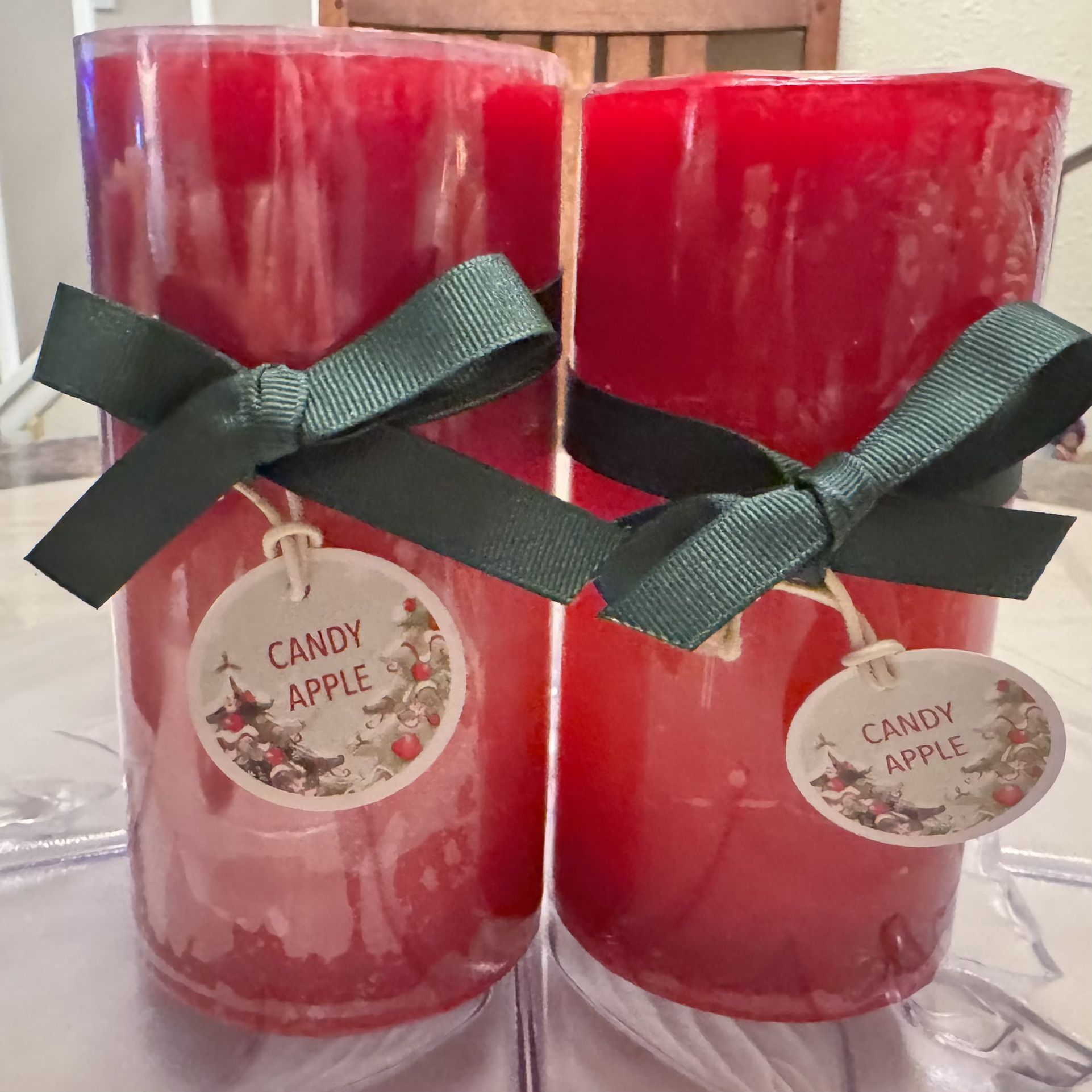 Pair Of Pier 1 Candy Apple 3”x6” Pillar Candles NOS Holiday Scent Red Christmas