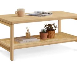 2-Tier Coffee Table for Living Room, Living Room Table Rectangular Center Table, with PVC Rattan Storage Shelf, Rounded Corners, Easy Assembly, Boho S