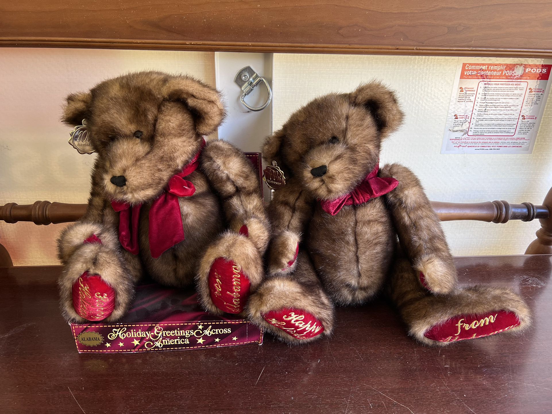 Pair of Vintage DanDee Plush Bears 100th Anniversary Holiday Greetings Across America “Alabama” - REDUCED