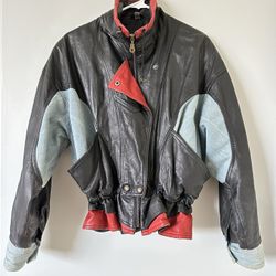 1980’s Red And Black Leather Bomber Jacket With Denim 