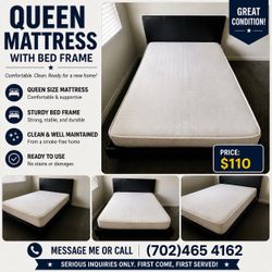 Queen size mattress and bed frame. (PICK UP ONLY) (Used)
