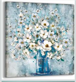 Blue Flower Picture Artwork for Walls - 14x14 Inches