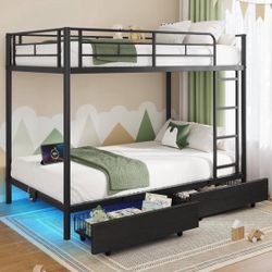 🛏️ Twin Over Twin Metal Bunk Bed w/ LED Lights & USB Charging – Brand New