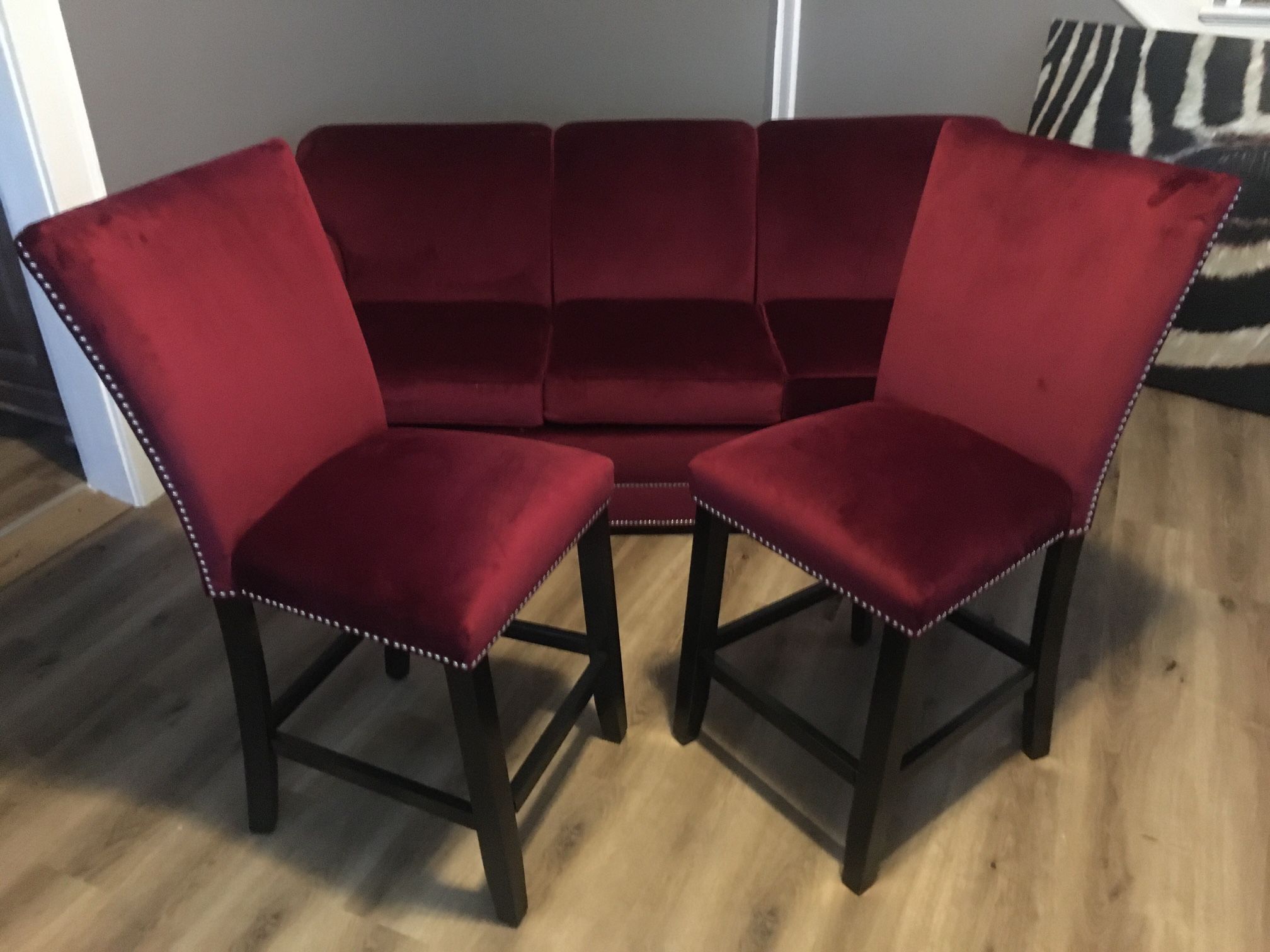 Custom Burgundy Velvet Sleeper Sofa, Matching Bar Stools, And Drapes 