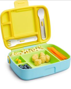 Munchkin Lunch Bento Box for Kids and Toddlers, Includes Stainless Steel Utensils, BPA-Free, 18 Months and Up, Blue/Green/Yellow