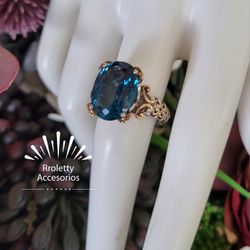 Sterling Silver 925 Ring 10k Gold Plated And Beautiful Blue Topaz Stone