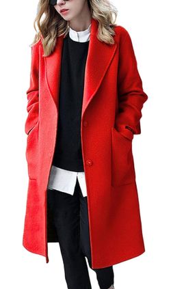 Medium red Women's Winter Casual Single Breasted Long Wool Coat Formal Office Wool Overcoat