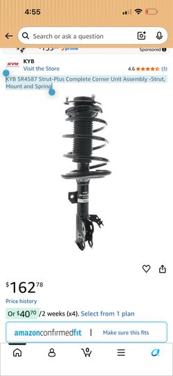 KYB SR4587 Strut-Plus — Fully Assembled Suspension Strut (shock absorber, mount, and spring). Front Right Strut KYB SR4587, applicable to 2012–2017 To