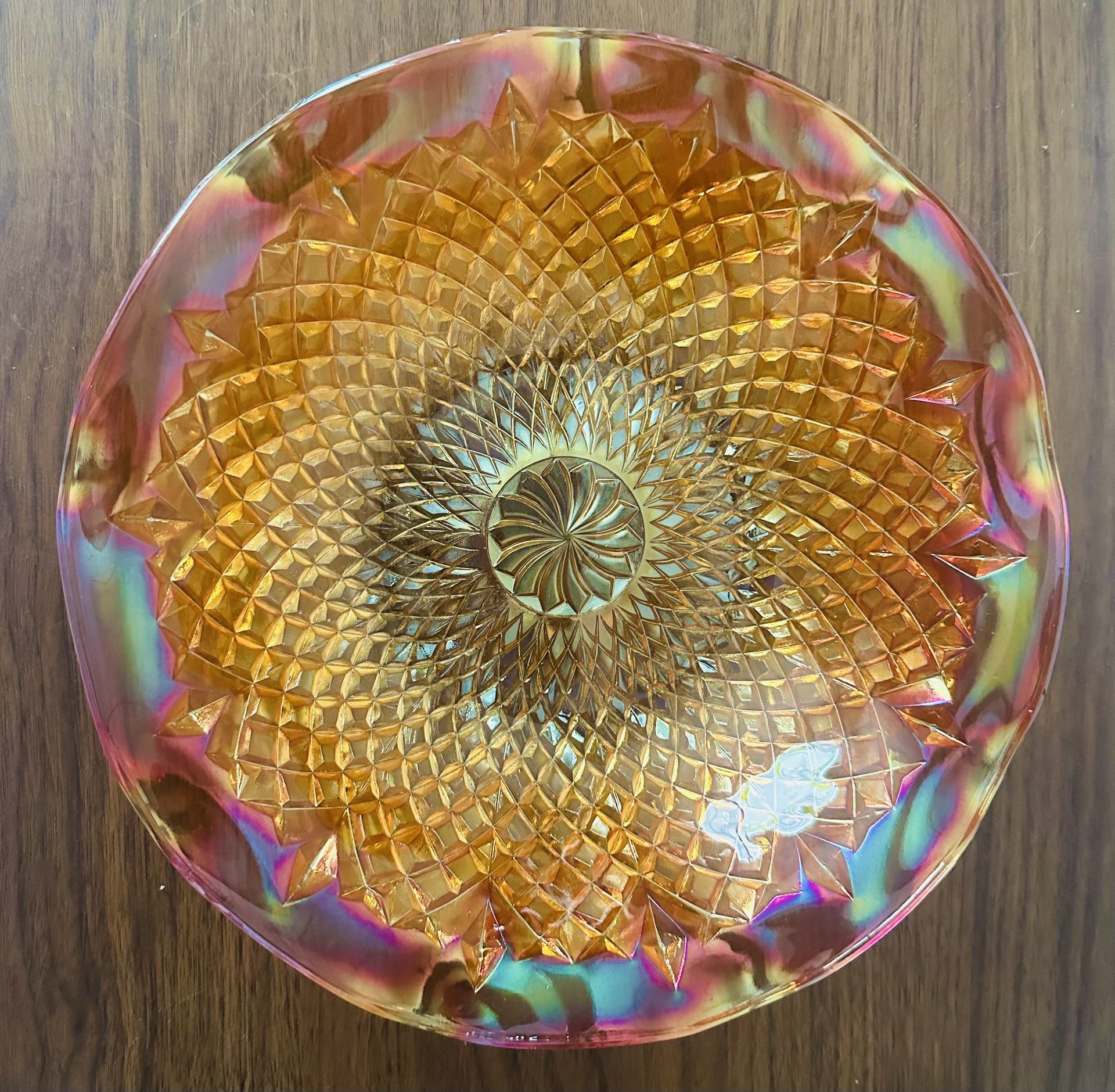 Vintage Indiana Glass Company Peach Carnival Glass Shallow Serving Bowl Scalloped edges