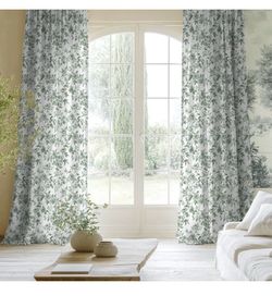 New Floral set of 2 Curtains, Sage Green Linen Blend Sheer Drapes with Organic Botanical Peony Print, Light Filtering, W52 x L96 in