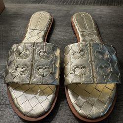 Tory Burch Ines Flat Slides In Metallic Leather Size 8.5 M Gold