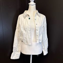 Y2K White Rhinestone Button-Up Cropped Shirt with Gem Buttons