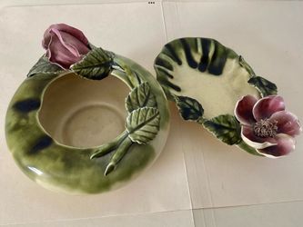 2 Vtg. 1940s Dish & Bowl Capodimonte Style Applied Flowers Art Nouveau