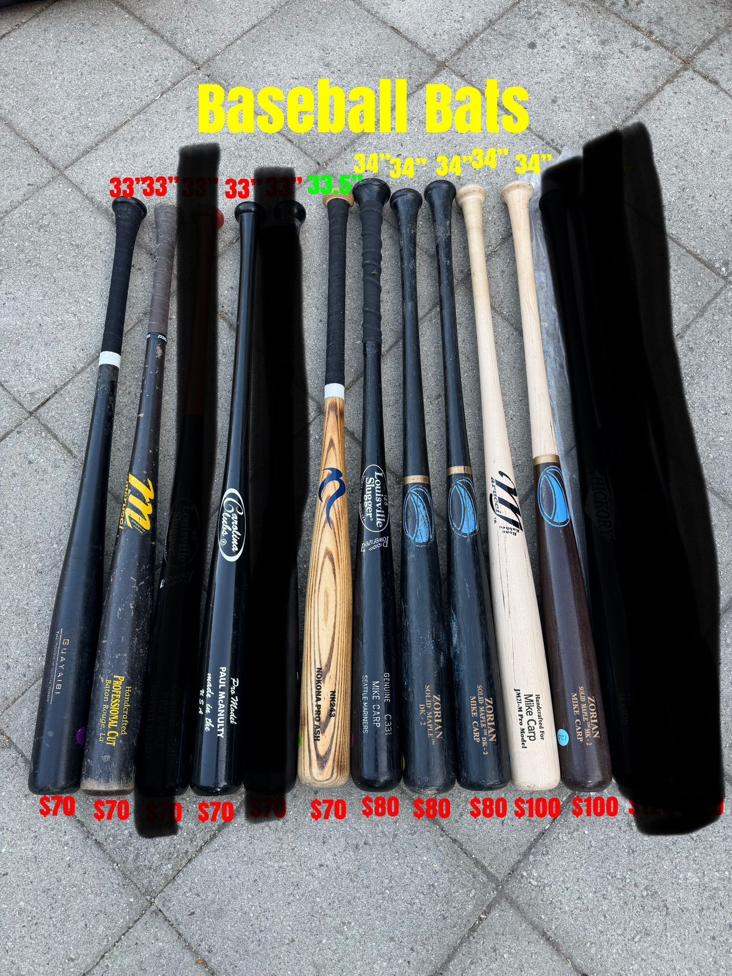 Baseball Wood Bat Pro Models Nice Quality Prices And Sizes Are Labeled In The Pictures Firm Price