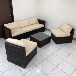 New in Box $395 Patio Furniture (6pcs) Set Outdoor Sectional Set Wicker Rattan Sofa Chair Set w/ Cushion, Glass Table 
