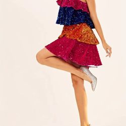 Bedazzled Multicolor Plus Size Layered Ruffle Sequins Dress