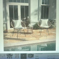 NEW 3-Piece Tan Bistro Set. w/Papasan Style Rattan Rope Chairs, Glass Top Side Table & Light Gray Cushions. 