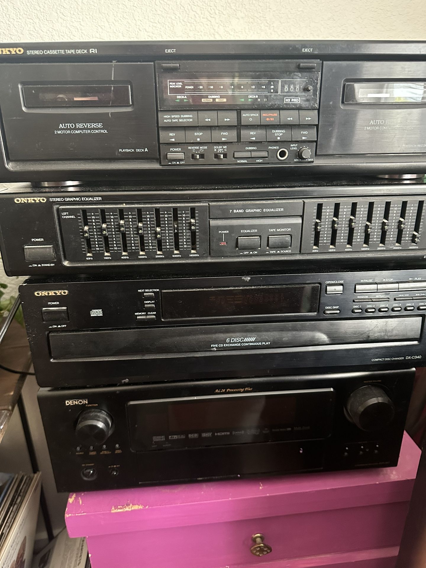 Radio, Denon Receiver, Onkyo 6 Disc Changer, Tape, Equalizer