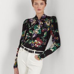 New! Beautiful LAUREN Ralph Lauren Petite Floral Pleated Jersey Tie Neck Top.