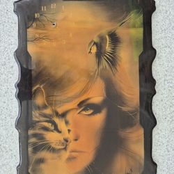 Vintage DenCraft Resin Wall Clock – Surreal Woman, Cat & Bird Art, 1970th