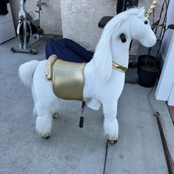 Ride on Unicorn Toy, Walking Unicorn Mechanical Pony, Soft Plush Fur Unicorn Toy with Golden Horn, Unicorn Rocking Horse Gift for 4-9 Years Old 
