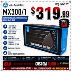 JL Audio Marine Or Powersports Mono Subwoofer Amplifier 600 Watts Max MX300/1 🚨 Payment Options Available 🚨 No Credit Needed 🚨
