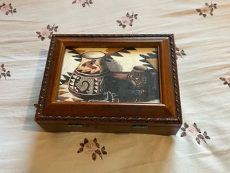 Antique Wooden Music Box with Photo Frame