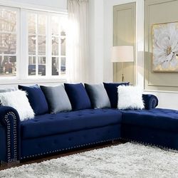 Brand New Plush Velvet Blue Sectional Sofa (Pillows Included)