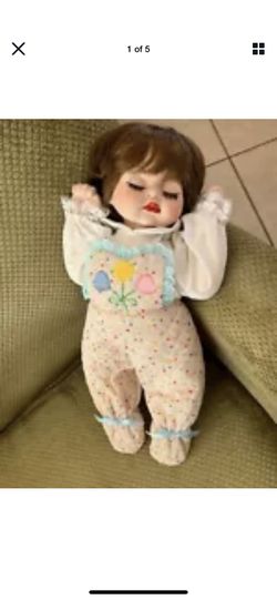 Sleeping Girl Porcelain 16” Doll/ with Balloon Romper Outfit Hand Made Long Lash