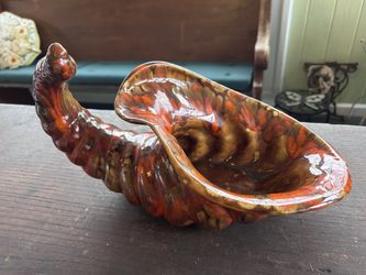 Vintage Brown Drip Glaze Ceramic Cornucopia Vase Horn of Plenty Ceramic Thanksgiving Centerpiece