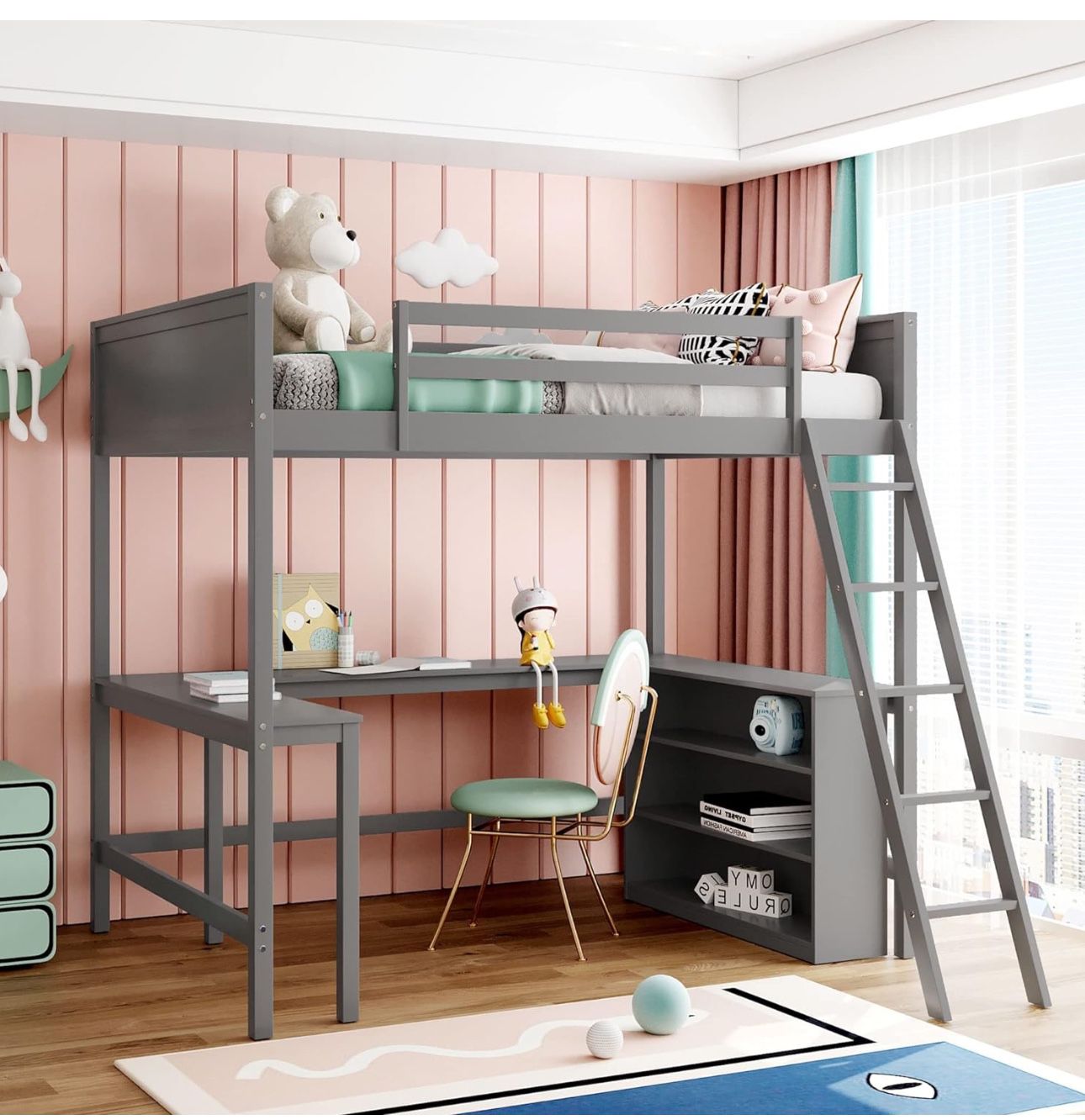 Full Size Loft Bed with Desk and Storage Shelves Bookcase