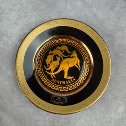 VTG Australia Kangaroo Plate Trinket Dish Greek Key 24K Gold Plated 5 7/8”