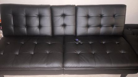 Black Faux Leather Tufted Futon Sofa