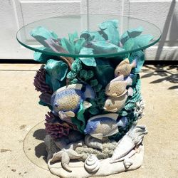 Vintage Ocean Fish And Seashells Sculpture Side Table 