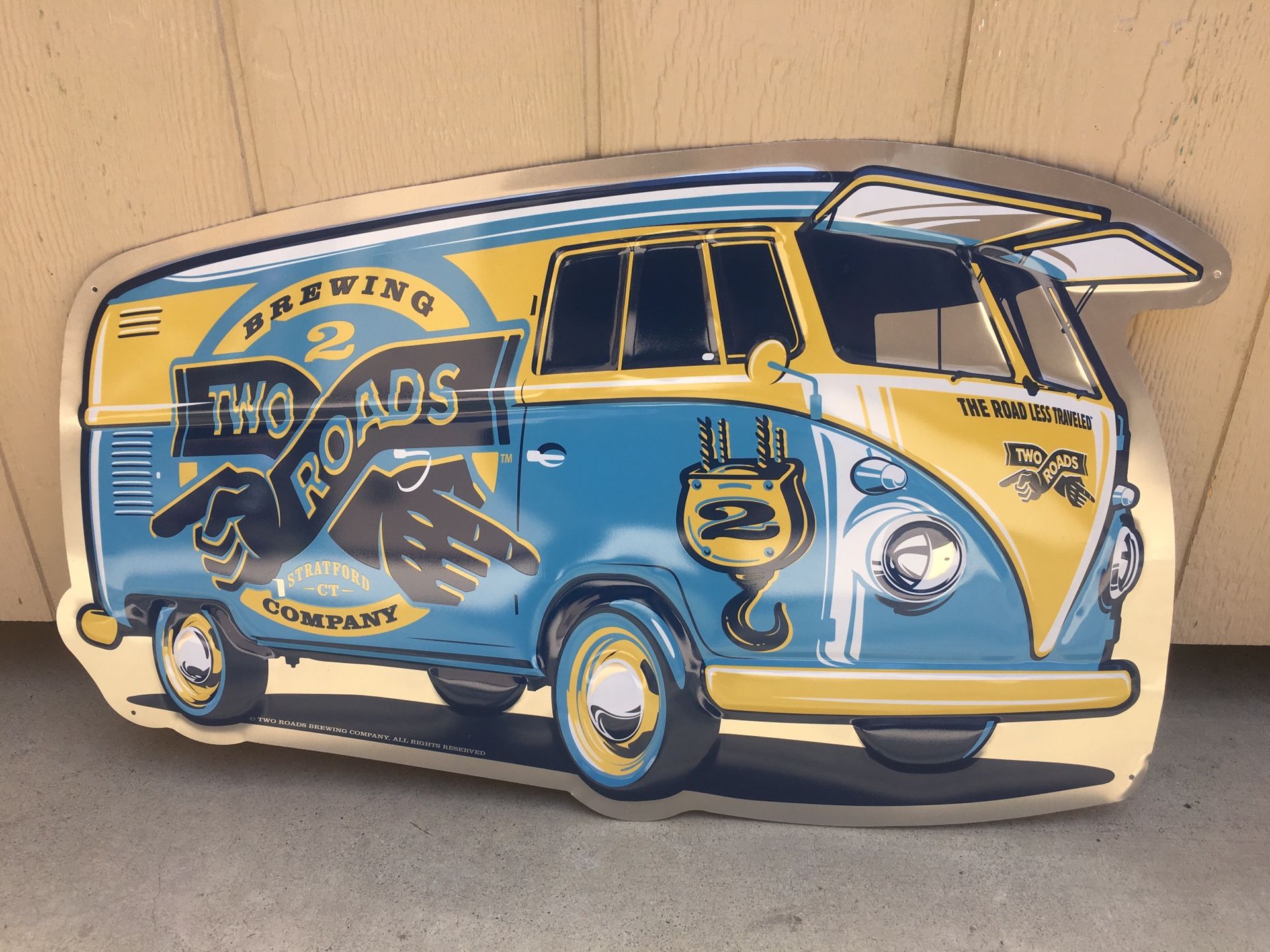 Volkswagen VW Bus Two Roads Brewing Beer Metal Tin Tacker Bar Sign