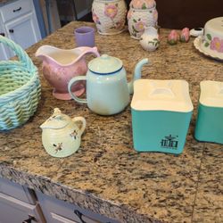 Vintage Shabby Chic Decor Ceramic Basket Pitcher Teapot Canisters
