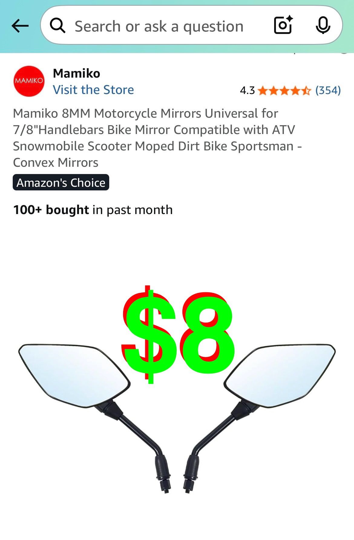 Mamiko - 8MM Motorcycle Mirrors Universal for 7/8"Handlebars Bike Mirror Compatible with ATV Snowmobile Scooter Moped Dirt Bike Sportsman - Convex Mir