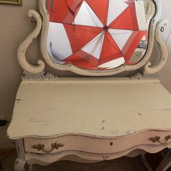 Antique Vanity, Chair And Farmhouse Lamp